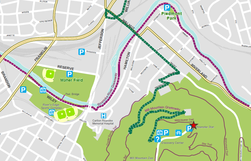 the Roanoke River Greenway connects to other trails in the urban area, including Mill Mountain