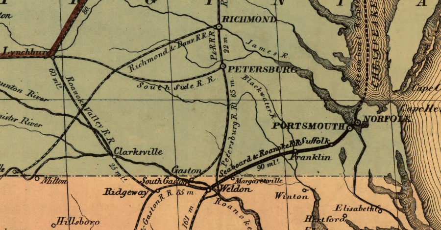 prior to the Civil War, multiple railroads planned to intercept traffic on the Roanoke River
