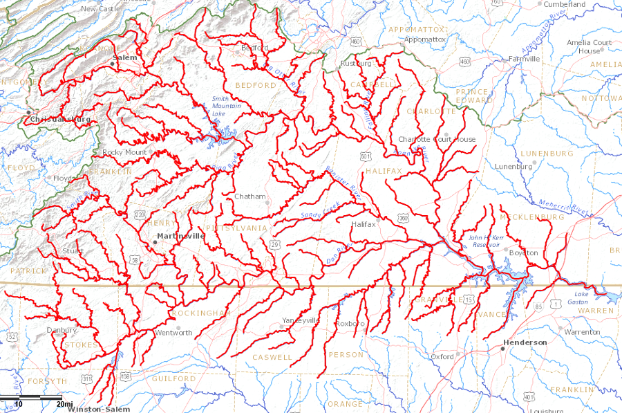 the Roanoke River starts west of the Blue Ridge, travels through the gap at Smith Mountain, and exits into North Carolina at the boundary of Mecklenburg and Brunswick counties