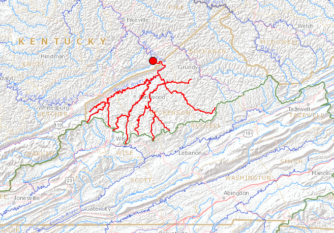 the Russell Fork watershed in Virginia drains portions of Dickenson and Buchanan counties