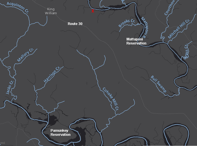 water would be removed from the Mattaponi River at Scotland Landing (red X) and pumped over State Route 30 into the Cohoke Creek watershed to create the King William Reservoir