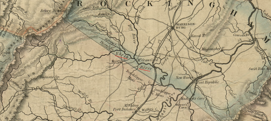 the North River, with its headwaters west of Harrisonburg, does not flow into the North Fork of the Shenandoah River - Harrisonburg is on the wastershed divide, and the North River merges with the Middle and South rivers near Port Republic to form the South Fork of the Shenandoah River