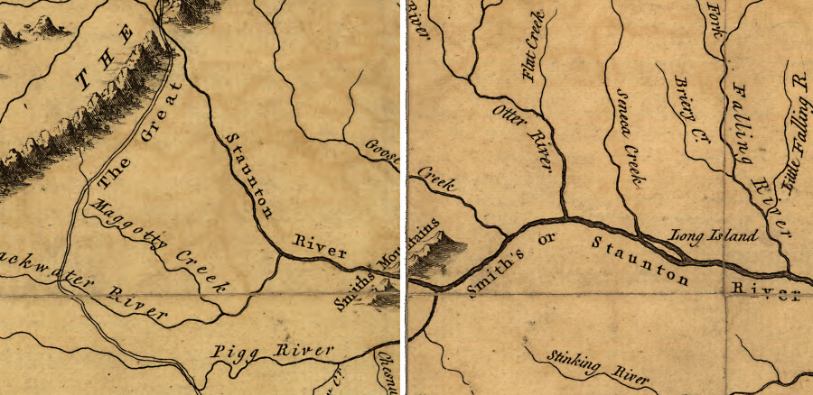 when Joshua Fry & Peter Jefferson mapped Virginia in 1751, the river running through Smith's Mountains was called the Staunton (or Smith's) rather than the Roanoke River