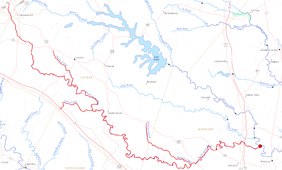 the South Anna River is labelled a river starting at its headwaters two miles northwest of Gordonsville