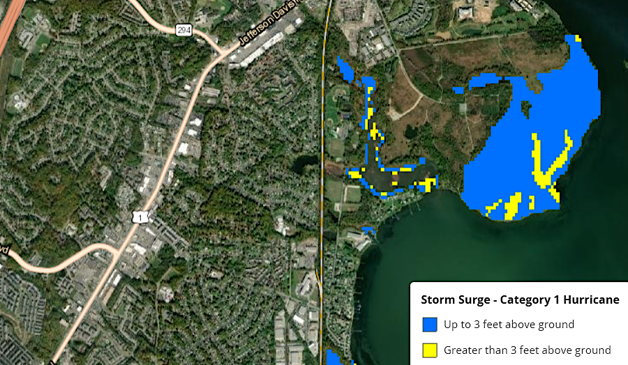 the storm surge from a Class 1 hurricane would flood the eastern half of Occoquan Bay National Wildlife Refuge (Prince William County)