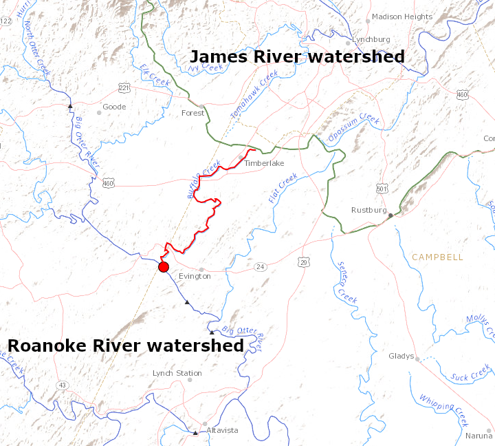 a dam on Buffalo Creek (red) created Timber Lake near the watershed divide separating the James and Roanoke rivers