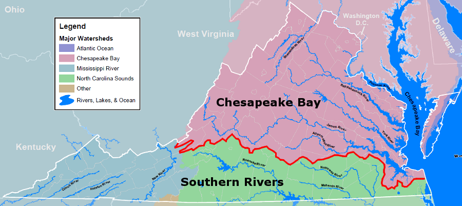 boundary between Chesapeake Bay and Southern Rivers watersheds