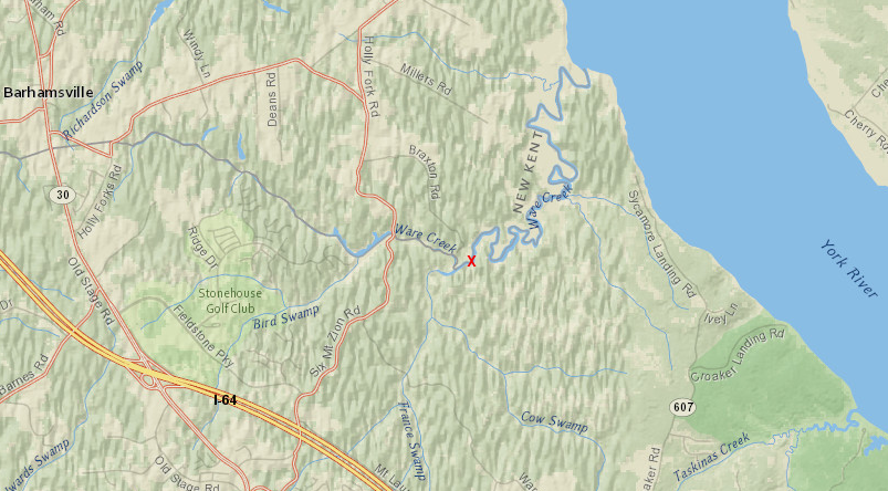 the dam proposed by James City County on Ware Creek (red X) would have created a reservoir that flooded France Swamp and Bird Swamp beyond I-64