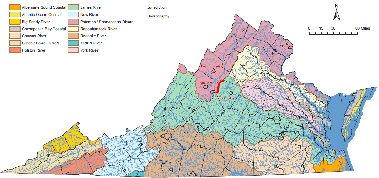 Virginia's watershed boundaries define some county boundaries, such as the Blue Ridge between Albemarle and Augusta/Rockingham counties