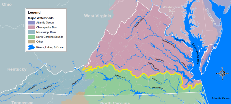 rivers south of the yellow line do not flow into the Chesapeake Bay