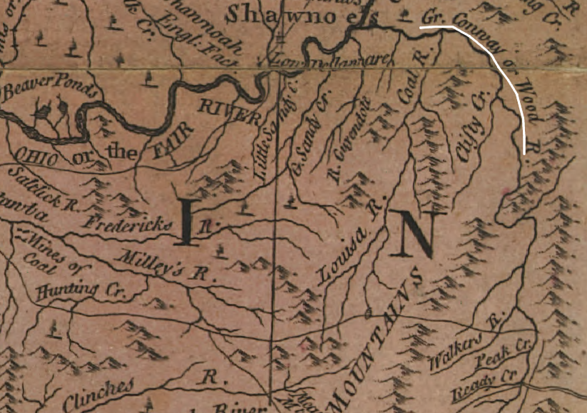 in 1763, Emanuel Bowen mapped the Wood River flowing north, where it was also known as the Great Conway (Kanawha) River