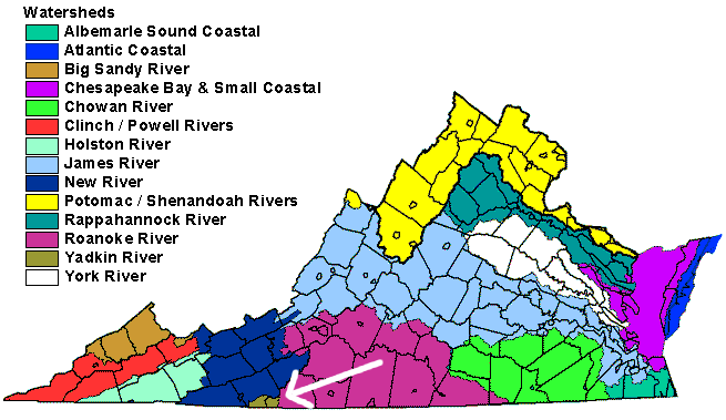the Yadkin River watershed in Patrick County drains to the Pee Dee River, not to Albemarle Sound or the Chesapeake Bay