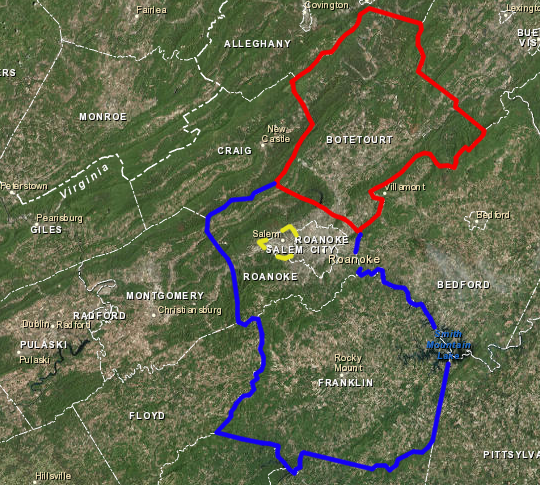Botetourt County (red line) joined the Western Virginia Water Authority in 2015, partnering with the City of Roanoke, Roanoke County, and Franklin County - but the City of Salem (yellow line) continued to maintain separate water/wastewater systems