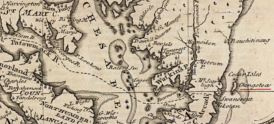 a 1747 map placed Chincoteague Island north of the Virginia-Maryland boundary