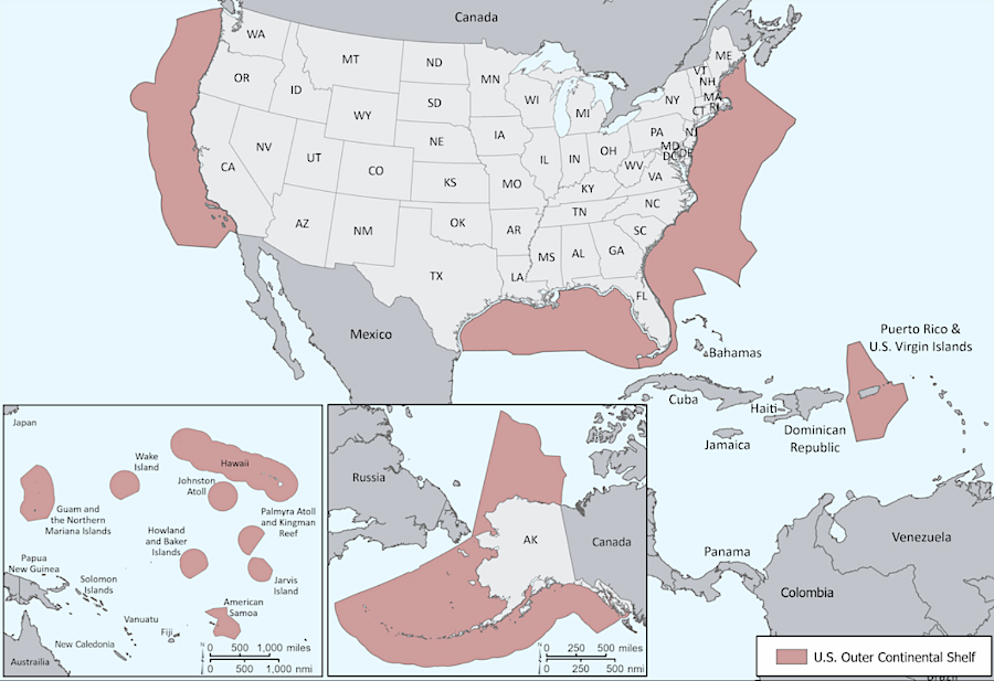 the United States claims submerged lands on the Outer Continental Shelf around territories as well as states