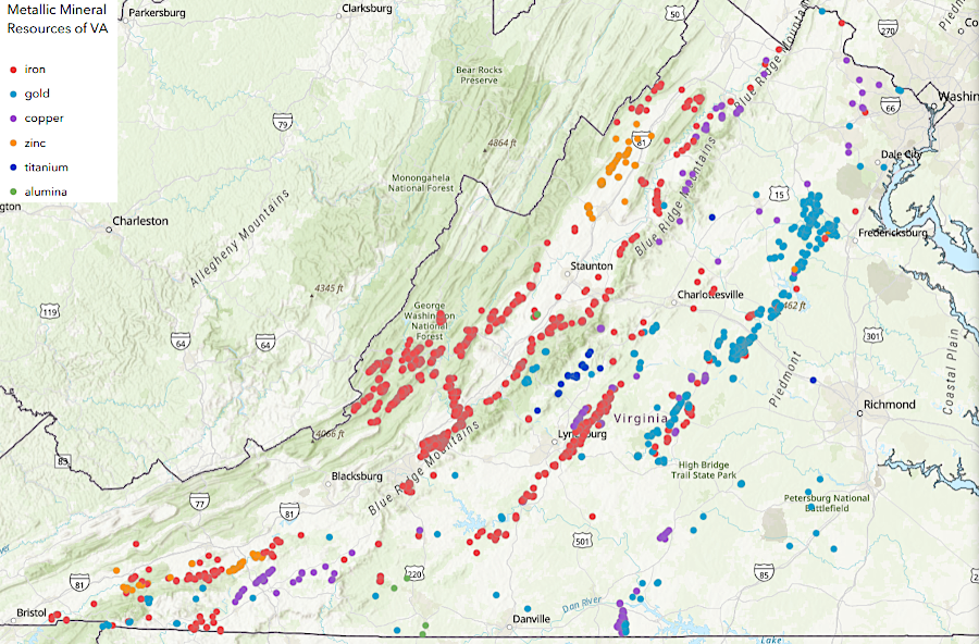 commercial quantities of metallic minerals are found in the metamorphic rocks of the Piedmont and the sedimentary deposits of the Valley and Ridge physiographic provinces