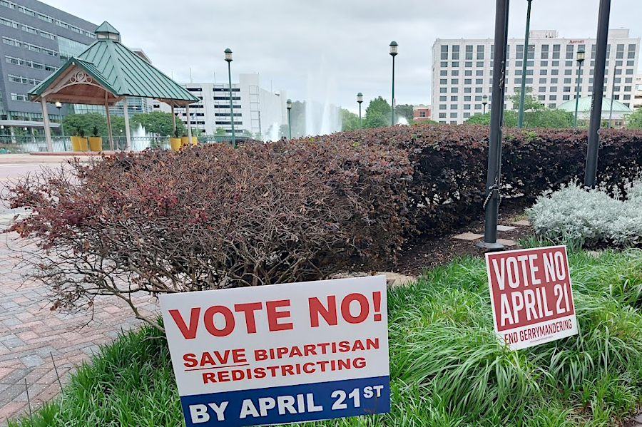 campaign sign in Newport News for the 2026 referendum to temporarily revise the state constitution and permit a redistricting gerrymander