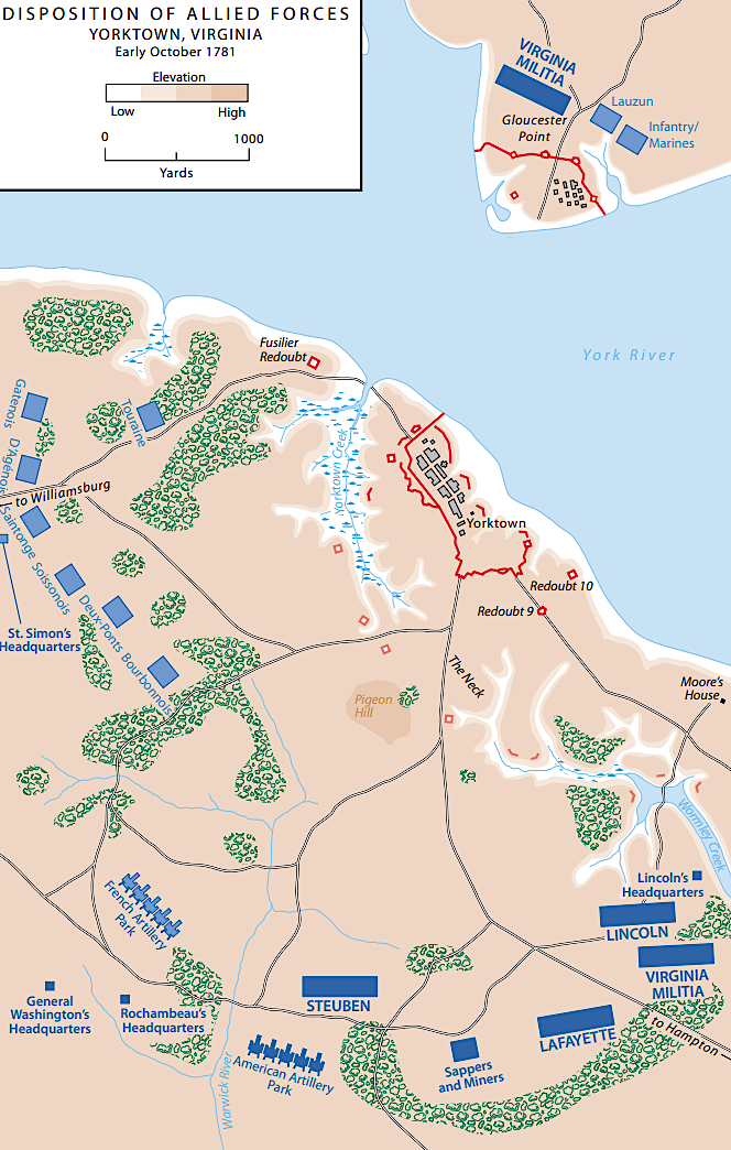 French troops were aligned on the left of George Washington's forces south of the British at Yorktown