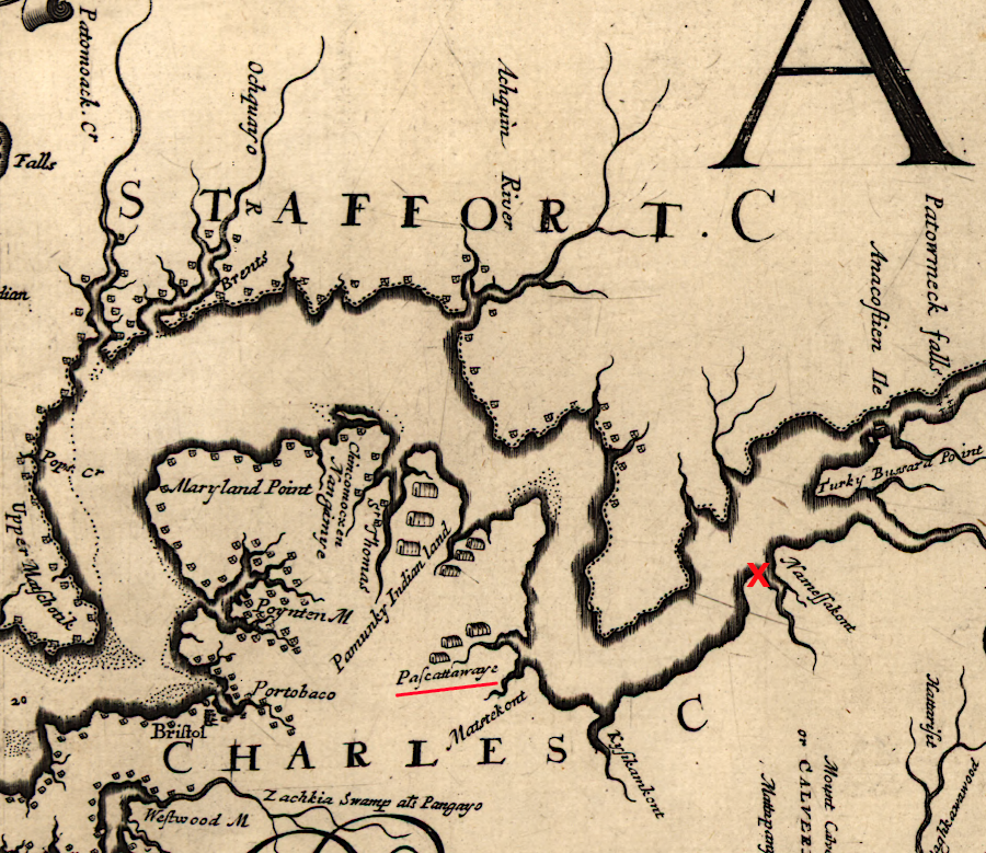 the Susquehannocks did not displace the Piscataway when they relocated to Mockley Point (red X) in 1675