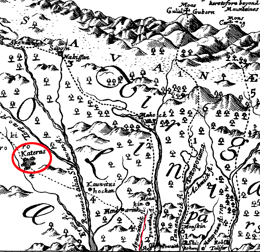 in 1670, John Lederer fled the Tuscarora town of Kaskusara and returned to the Appomattox River (NOTE: north is to the right)