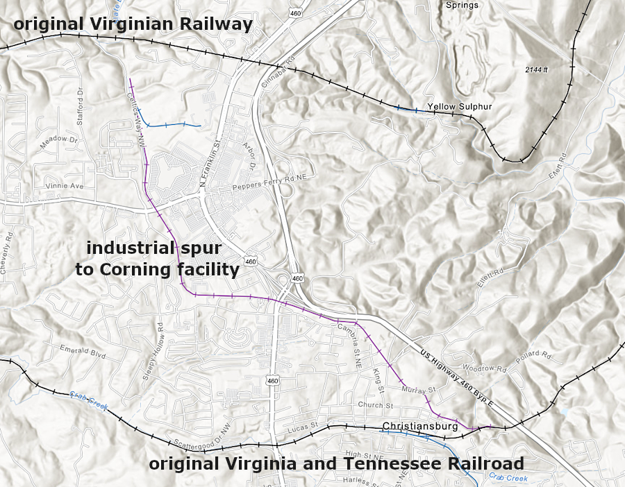 a rail spur to the Corning facility near Blacksburg connects near Cambria