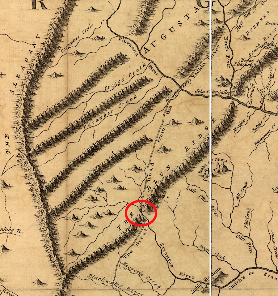 the road from Winchester forked at the Roanoke (Staunton) River, with one branch going south to the Carolina Piedmont