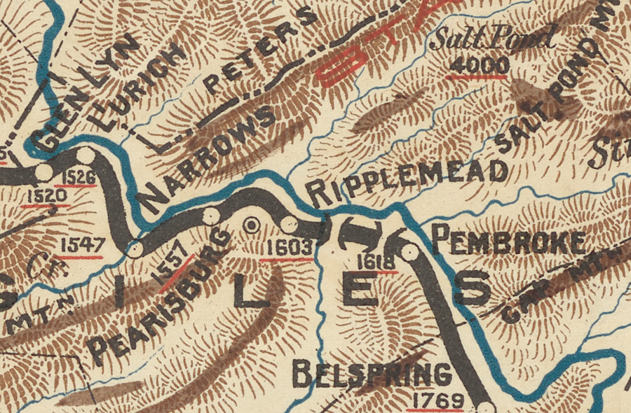in 1881, the Norfolk and Western Railroad constructed two tunnels along the New River near Pembroke