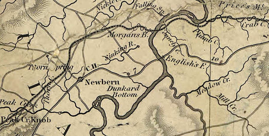 Claytor Lake drowned Dunkard Bottom, which had been settled by German-speaking immigrants starting in the 1740's